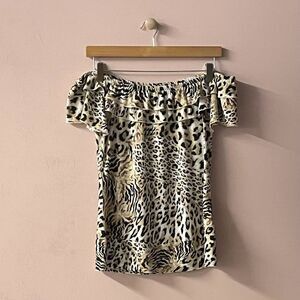 Vtg Y2K Essentials by Milano Tan/Black Leopard Print Off-the-Shoulder Top Sz S